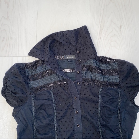 Bebe black ruched dotted Swiss blouse with rhinestone buttons - Picture 2 of 5